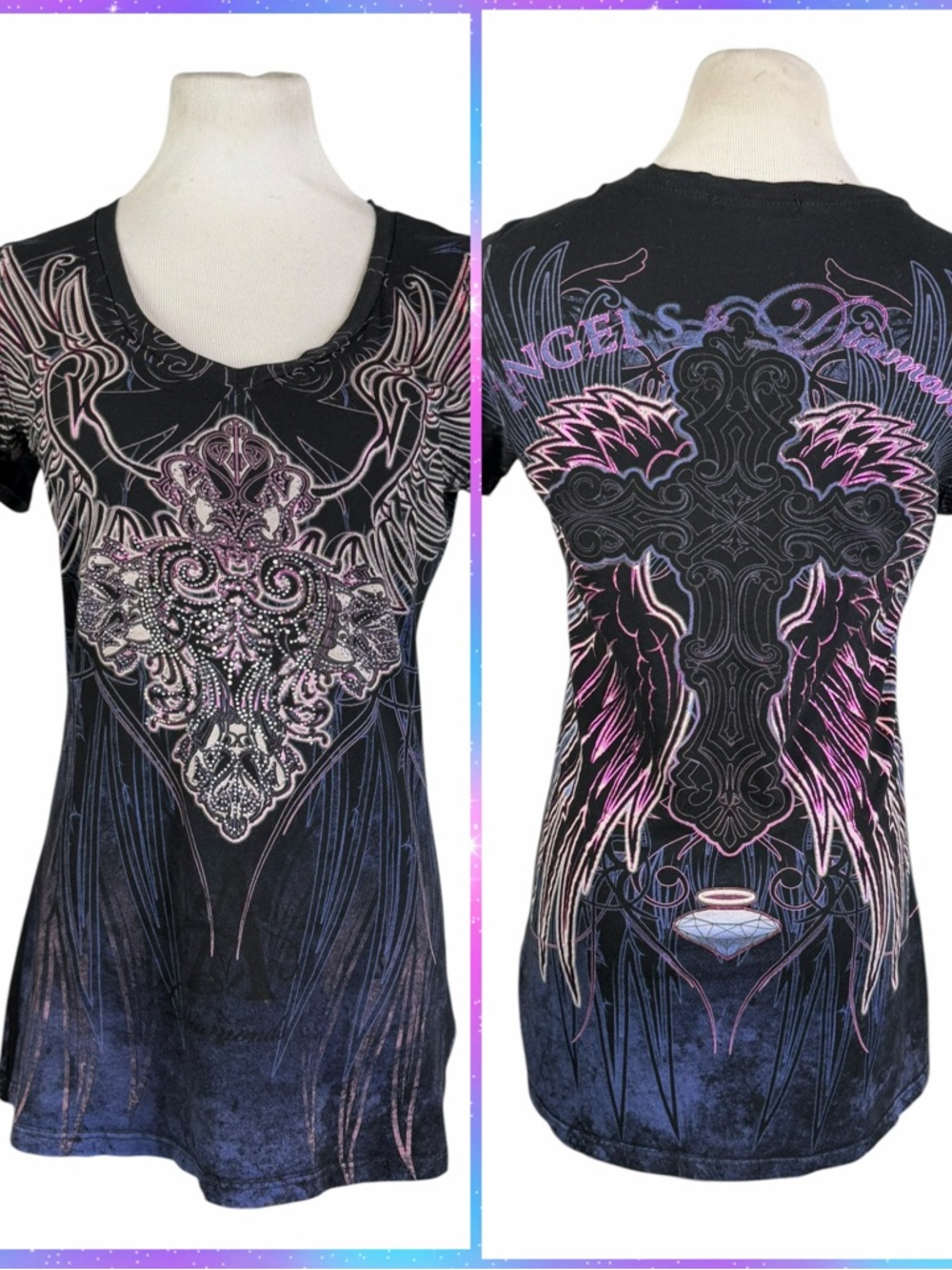Angels & Diamonds Black, Blue & Pink Foil Angel Wings/Cross Rhinestone Tee - XL